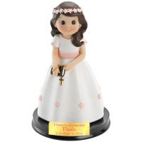 Figura para pastel de comunión personalizada niña 17cm. Figura fabricada en resina y peana de madera, perfecta para decoración de tartas de comunión y regalo especial para la niña que realiza la comunión. AÑADIR TEXTO EN (Chatear con la tienda) - details 0