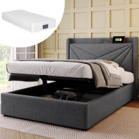 Cama tapizada Cama individual Caja de Cama con función de carga USB C Cabecero, Cama de almacenamiento Marco de Cama de Lino Cama Juvenil 90x200 with somier (Con colchón) - details 1