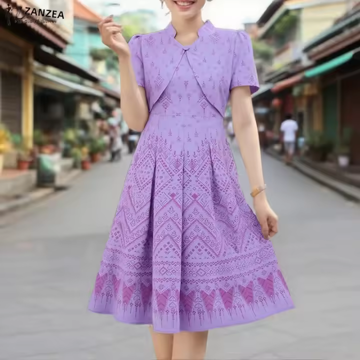 ZANZEA Vestido Elegante Para Mujer Con Estampado Bohemio De Verano A-Line Corto Manga Regular Vestidos Casual Suéter Oficina Sundress Mid-Calf - 1