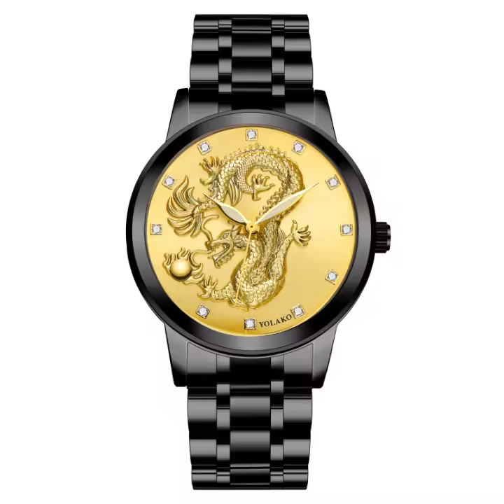Reloj Hombre de Acero Dorado con Grabado de Dragón Chino - Símbolo de Poder - Resistente al Sudor - 1