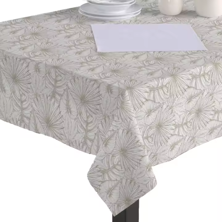Hulehule Tex - Mantel de Tela Resinada Antimanchas, Impermeable. Estampado Formas Geométricas Beige Sobre  Blanco - SOFIA - 1