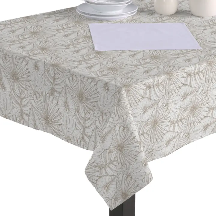 Hulehule Tex - Mantel de Tela Resinada Antimanchas, Impermeable. Estampado Formas Geométricas Beige Sobre  Blanco - SOFIA - 1