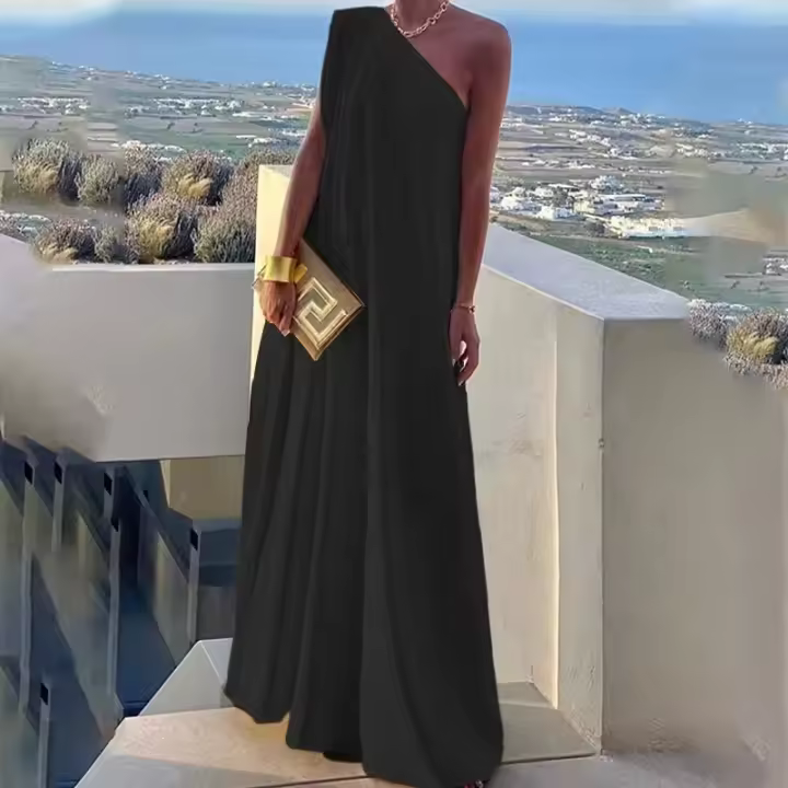 Vestido Largo De Fiesta Monocromático Sin Mangas De Hombro Inclinado Cintura Suelta Negro Verano Nuevo Vestido Casual - 1