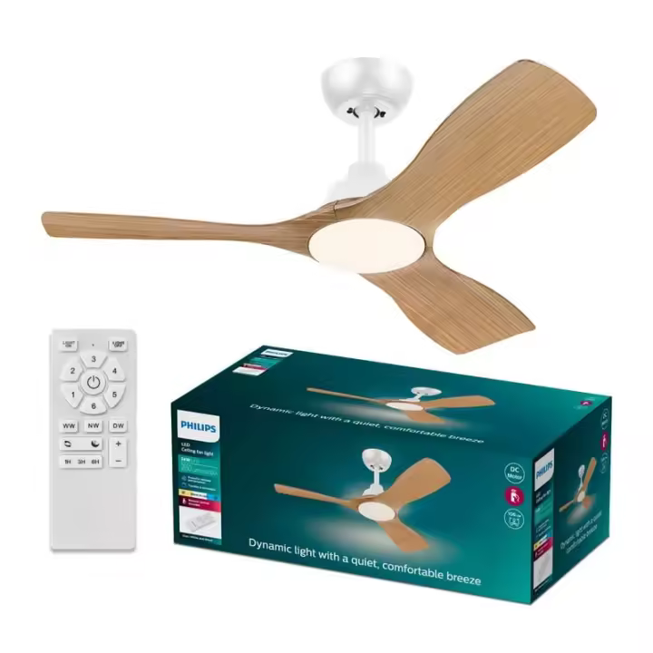 Ventilador de techo LED OLAS de Philips, dimmable, 42" 30W+24W blanco y aspas anchas madera, con mando a distancia | LeonLeds - 1