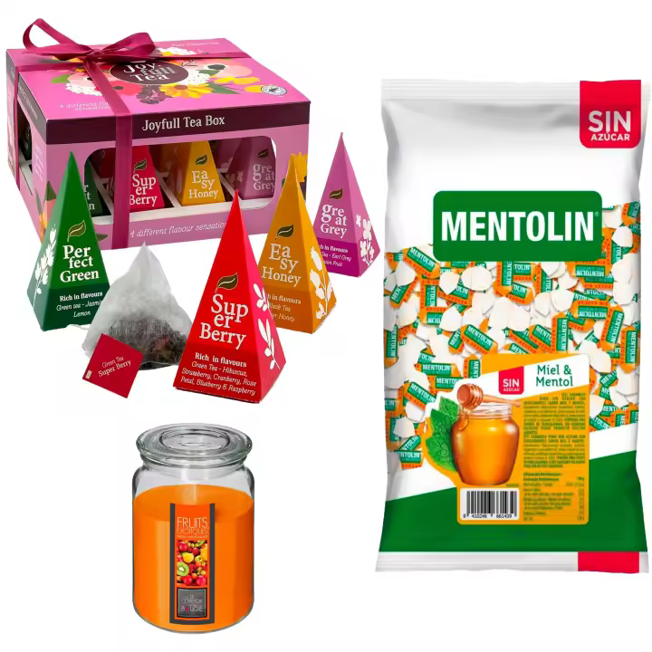 Pack surtido: MENTOLIN MIEL MENTOL S/A BOLSA 1KG + Vela Perfumada de Frutas Exóticas 510g  + WELL HOME - Caja de Té Joyfull con variedad de sabores - 1