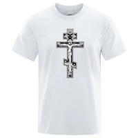 Camiseta De Algodón Casual Para Hombre Estampado De Cruz Ortodoxa Y Ángel Pequeño Estilo Gótico Oscuro Manga Corta Para El Verano - details 0