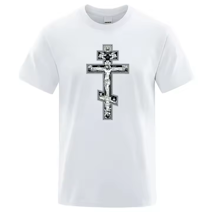 Camiseta De Algodón Casual Para Hombre Estampado De Cruz Ortodoxa Y Ángel Pequeño Estilo Gótico Oscuro Manga Corta Para El Verano - 1
