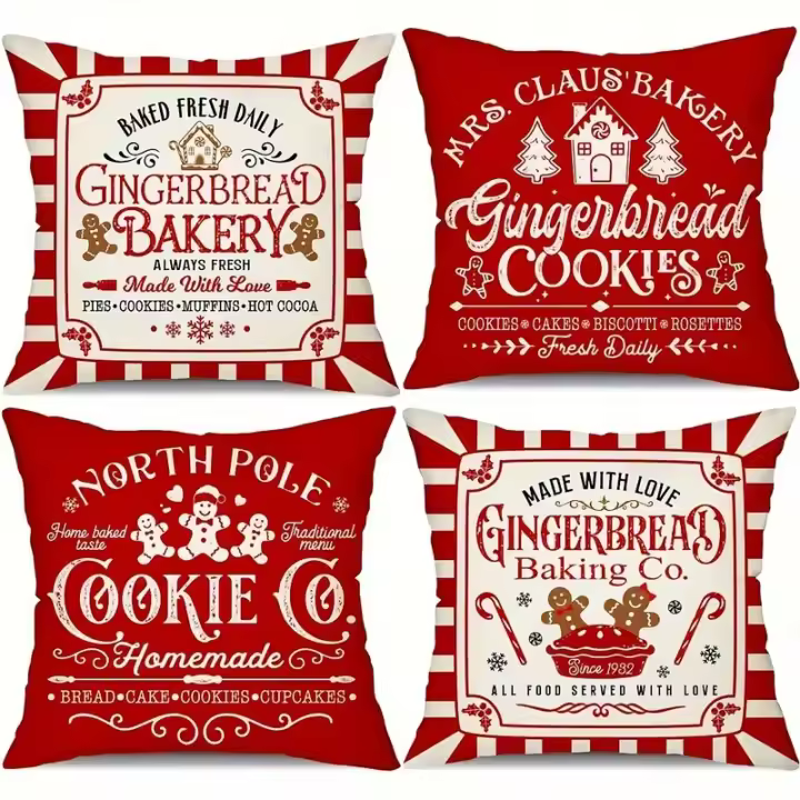 4 fundas de almohada de Navidad Festiva-Diseño de pan de Jengio y Feliz Navidad, fundas de juguete Decorativas de Rayas Rojas de 45x45 cm, decoración del hogar de vacaciones de Invierno - 1