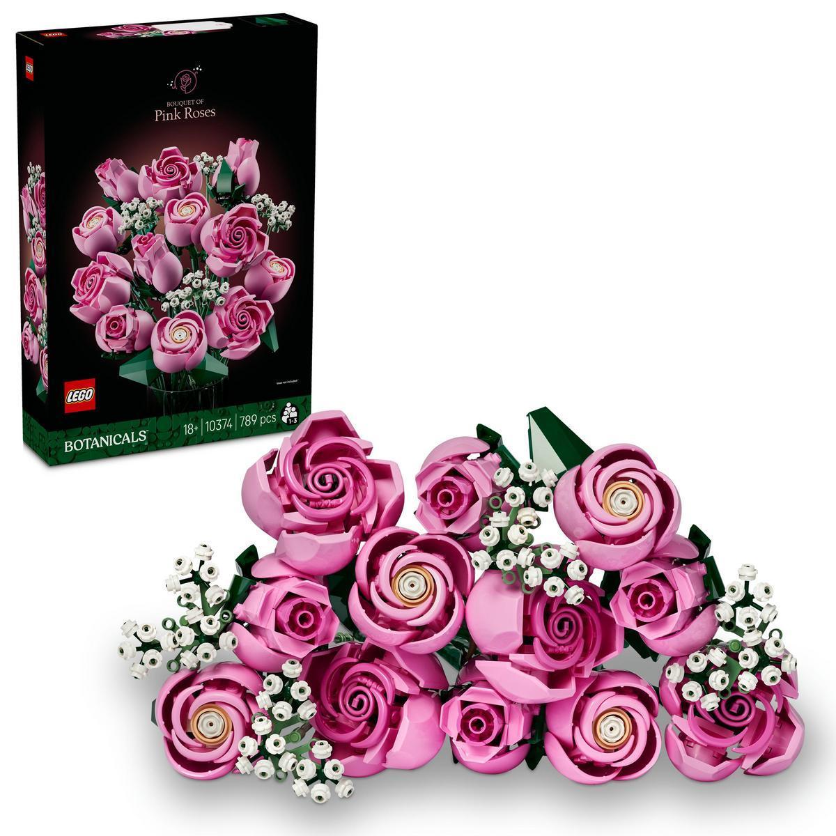 ladrillos de construcción ®   10374 Botanicals Ramo de Rosas Rosadas Kit de Construcción de Flores para Adultos, Decoración Floral, Arreglo Floral Construible, Día de la Madre, Regalo de Cumpleaños