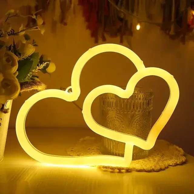 Luz De Neón Doble Corazón Para Decoración De Habitación Dormitorio Puerta Bodas Aniversarios Cumpleaños Fiesta Luz Nocturna Forma De Corazón - 1