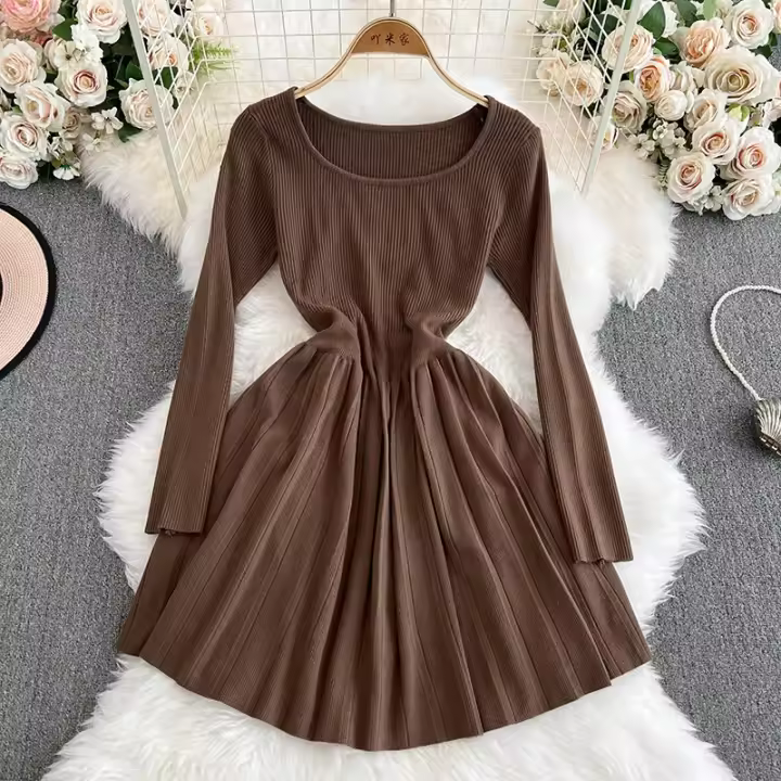 Vestido Corto A-Line De Cuello Redondo Para Mujer 2024 Otoño Invierno Elegante Casual De Lana Color Sólido Cintura Alta Manga Larga - 1