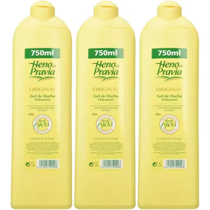 Heno de Pravia Original - Gel de ducha, paquete de 3 unidades (3x750 ml) - Proporciona hidratación a la piel gracias al extracto de hoja de olivo, Fragancia original - 1