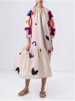 Vestido Largo Casual Bohemio Para Mujer Verano 2025 Estampado Suave Cuello Redondo Mangas Lanternas Sueltas Moda Oficina - details 0