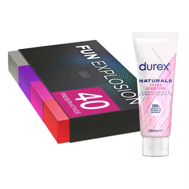 Durex - Lote Fun Explosion, Pack 40 Preservativos + Lubricante Naturals Extra Sensitivo 100ml, Ingredientes Naturales, Sexo Seguro - 1