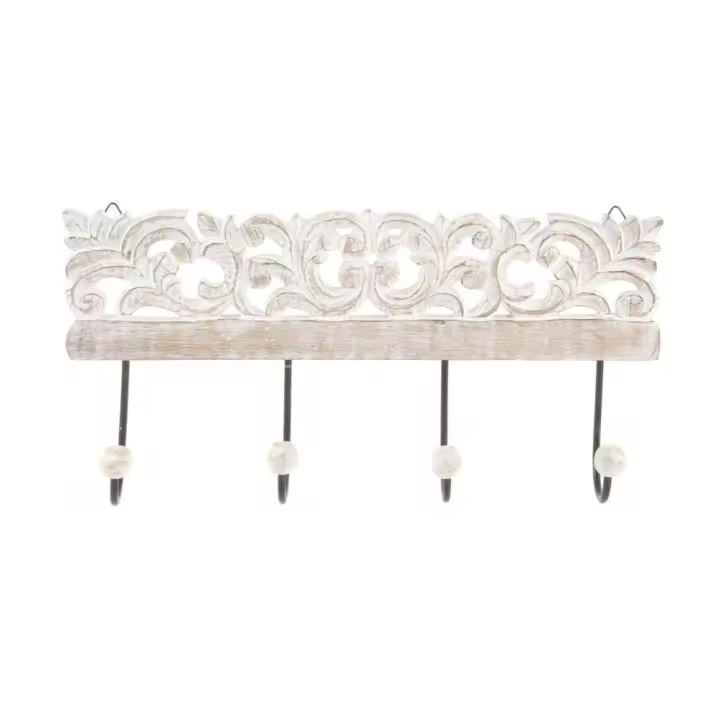 Dcasa - Perchero pared 4 colgador madera tallada 40x18 cm - 1