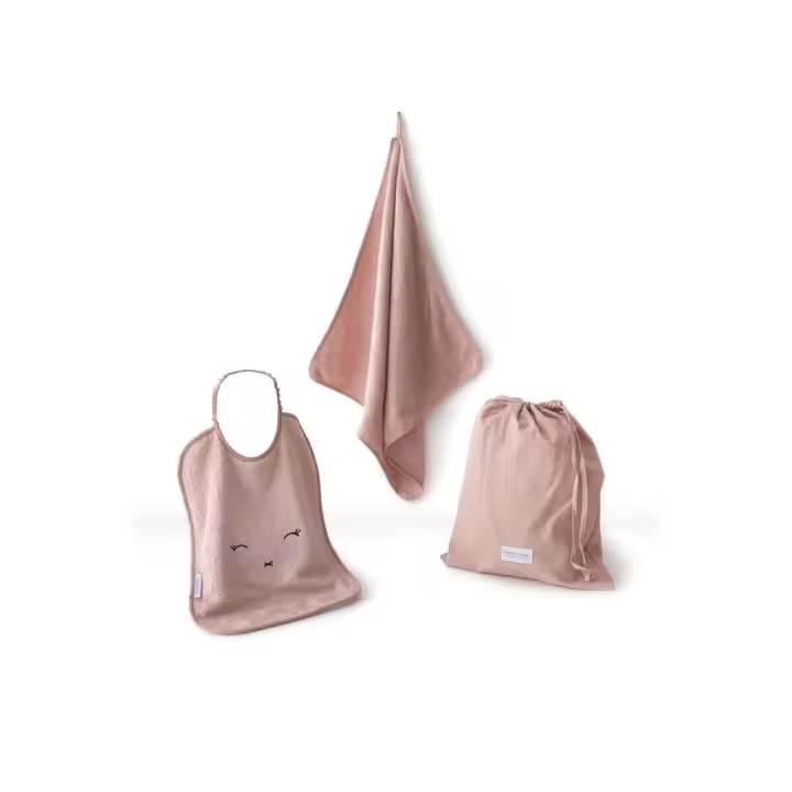 Set guardería Toalla + Babero + Bolsa rosa Bamboom - 1