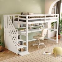 Cama Alta para niños with Escalera de almacenamiento 90*200cm, Madera maciza + MDF, Litera, Cama para niños with esritorio Grande y Estantería, Pintura Ecológica, Blanco - details 1