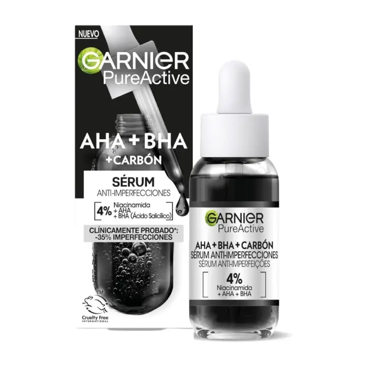 GARNIER Pure Active sérumn facial anti-imperfecciones con AHA + BHA + carbón dosificador con 4% de Niacinamida, AHA y BHA Pure Active 30 ml - 1