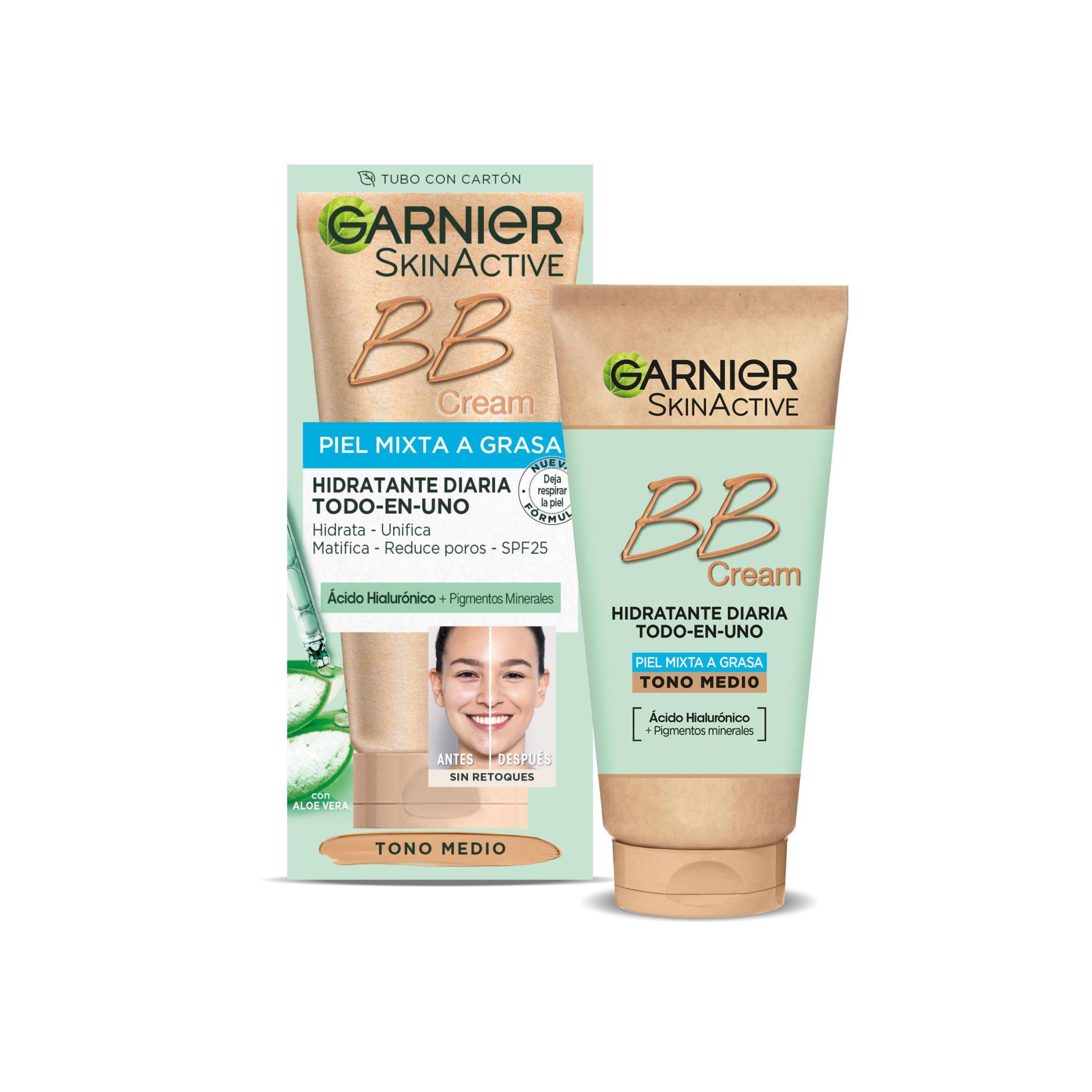 Garnier SkinActive BB Cream Matificante para Pieles Mixtas a Grasas Tono Medio. Hidratante Todo en Uno con Color con SPF 25  Ácido Hialuronico,Extracto de Aloe Vera y Pigmentos Minerales,Hidrata, Unifica, Corrige e Ilumina piel- 50ML