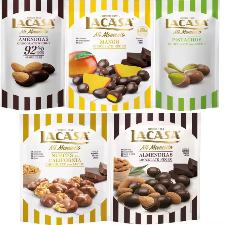 Lacasa Mi Momento pack de 5:Pistacho Chocolate Leche ,Almendra 92% ,Nueces Chocolate Leche,Almendra Chocolate Negro ,Mango Chocolate Negro - 1