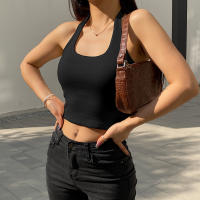 Camiseta Sin Mangas Para Mujer Estilo Estadounidense Verano 2024 Fashion Hanging Neck Diseño Casual De Poliéster Corta - details 8