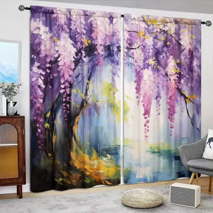 2pcs Cortina De Pintura Al Aire Libre De Florecillas De Wisteria Para Decoración Del Hogar Tratamiento De Ventana Para Dormitorio Oficina Cocina Material 100% Poliéster - 1