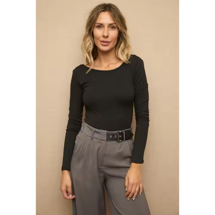 BODY NEGRO ITZIAR - Body, manga larga, negro, oscuro, espalda abierta, ajustado, escote redondo, poliester, polyester, elástico, versátil, moda mujer, tendencia, casual, formal, oficina, trabajo, invierno, otoño, primavera - 1