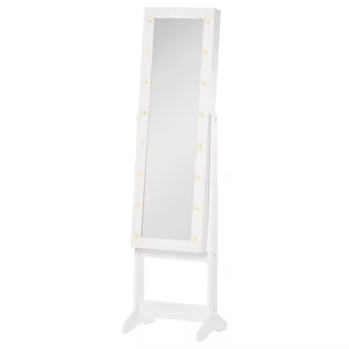HOMCOM Espejo Joyero de Pie Armario de Joyería con 16 Luces LED y Ángulo Ajustable Organizador de Joyas con Estantes Ranuras para Anillos 36x30x136 cm Blanco Cálido - 1