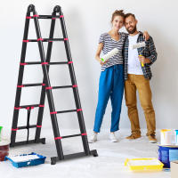 HOMCOM Escalera de Aluminio Plegable 2 Formas de Uso Retráctil Portátil Escalera Telescópica 12 Escalones Antideslizantes Carga 150 kg 379x67,5x11 cm Negro y Rojo - details 1