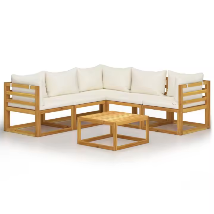 vidaXL Muebles de jardín 6 pzas cojines crema madera maciza de acacia - 1