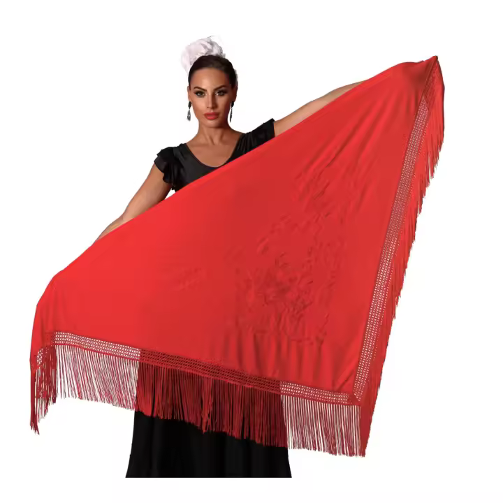 Mantón de manila rojo bordado a una cara con flores rojas. Medida GRANDE, triangular de flamenco o sevillanas (190X90cm) - 1