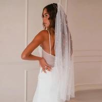 Velo De Novia Romántico Con Perlas Y Lentejuelas De Tulle Suave Monedero De Boda Un Capa Para Mujeres Con Peine - details 1