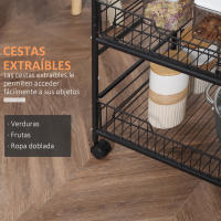 HOMCOM Carrito Auxiliar con Ruedas Carrito Verdulero de 3 Niveles Carrito de Cocina con 2 Cestas y 4 Ganchos para Comedor Salón 60x38x85,5 cm MarrónRústico - details 5