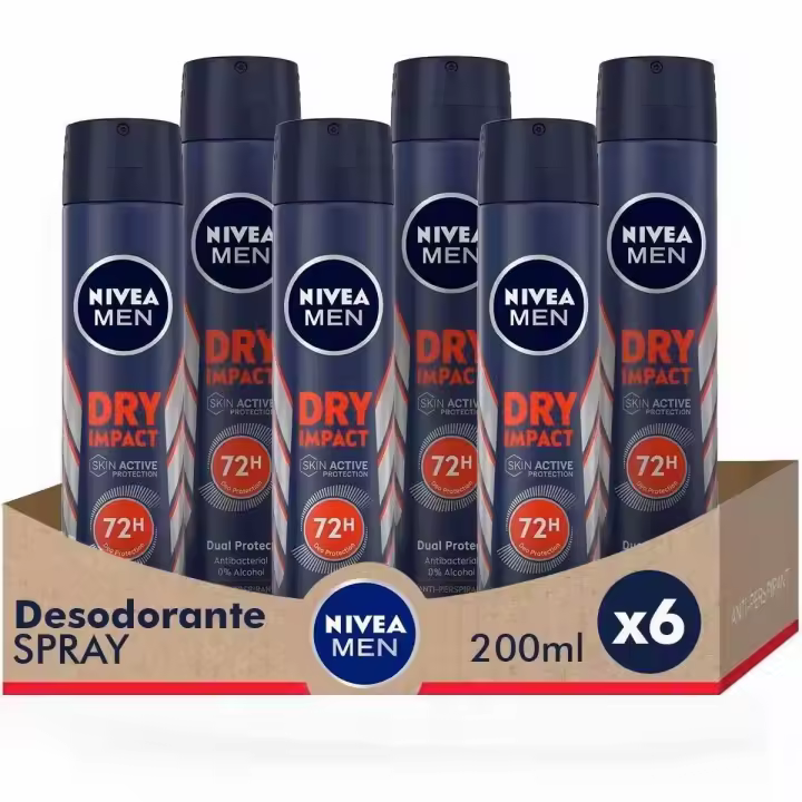NIVEA MEN Pack ahorro - Dry Impact Spray Desodorante para hombre 200ml x 6 unidades - 1