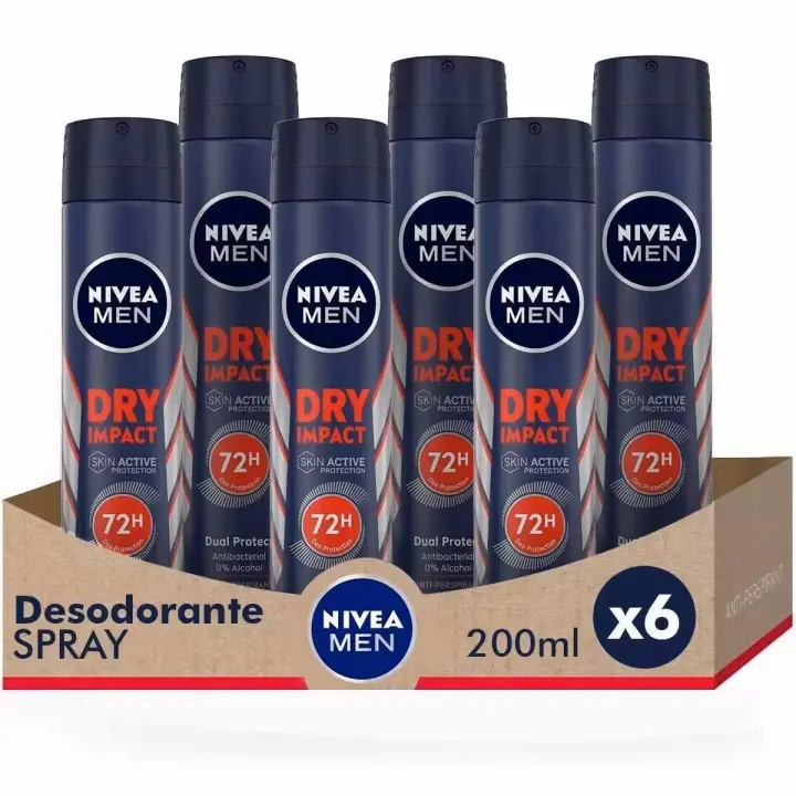 NIVEA MEN Pack ahorro - Dry Impact Spray Desodorante para hombre 200ml x 6 unidades - 1