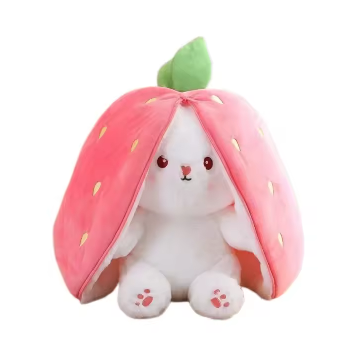 Juguete de peluche de conejo, juguete de marioneta de conejo fresa conejo de peluche de doble cara almohada de fresa con cremallera, peluche de fresa lindo juguete de conejo - 1
