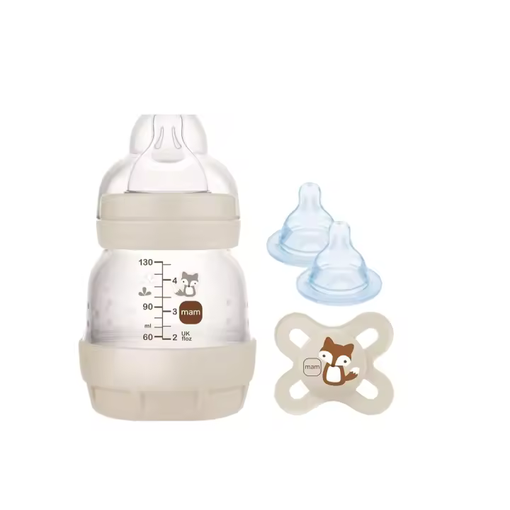 MAM Set Recién Nacido de Biberón Anticólicos, Biberón de 130ml, con Tetina 0 Flujo Extra Lento, Autoesterilizable y Fácil de Limpiar, MAM Easy Start Anti-Colic y Chupete de Silicona 0-2 mese +  Pack de 2 Tetinas 0, Flujo Extra Lento, Recién Nacidos, - 1