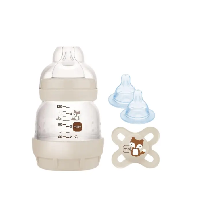 MAM Set Recién Nacido de Biberón Anticólicos, Biberón de 130ml, con Tetina 0 Flujo Extra Lento, Autoesterilizable y Fácil de Limpiar, MAM Easy Start Anti-Colic y Chupete de Silicona 0-2 mese +  Pack de 2 Tetinas 0, Flujo Extra Lento, Recién Nacidos, - 1
