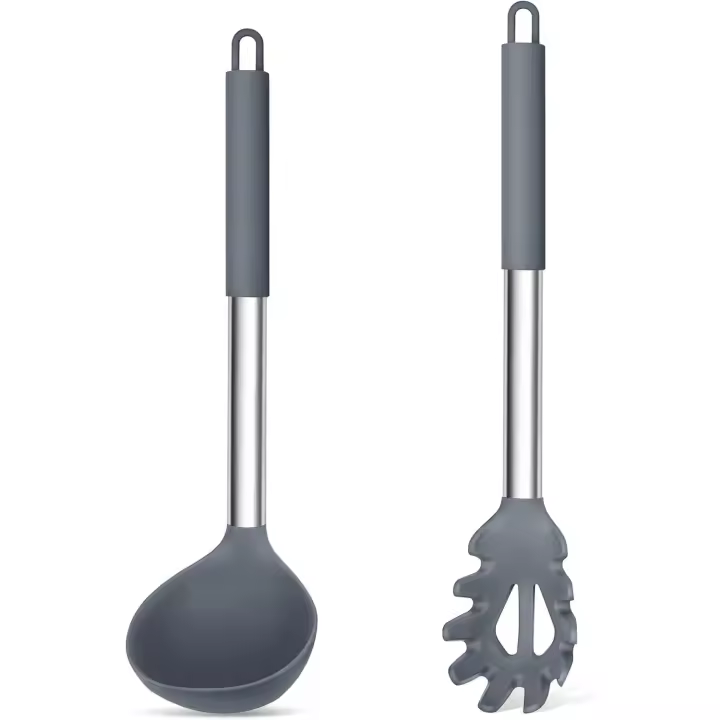 Utensilios de cocina de silicona, 2 cucharas soperas grandes antiadherentes y tenedor para pasta para cocinar, mezclar, servir sopa, salsa, pasta y huevos. No tóxicos, resistentes al calor y aptos para lavavajillas, color gris claro. - 1
