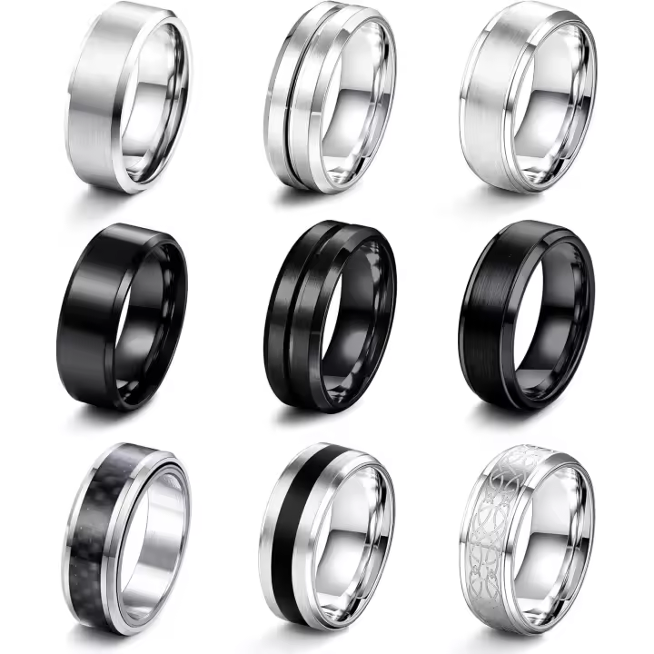 9 Piezas Anillos Hombre Maple Inoxide Plata Negro Acabado Mate Anillo Pulido Band Abrebotellas Anillos Alianzas Boda Anillo Compromiso Vintage Fidget Anillo para Hombre Mujer - 1