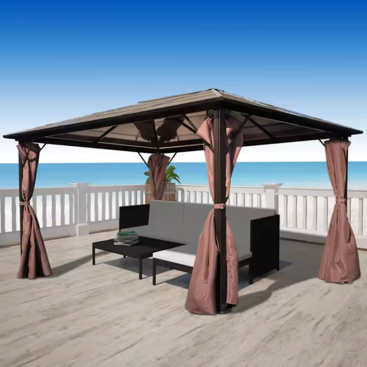 vidaXL Cenador con cortina marrón aluminio 400 x 300 cm - 1