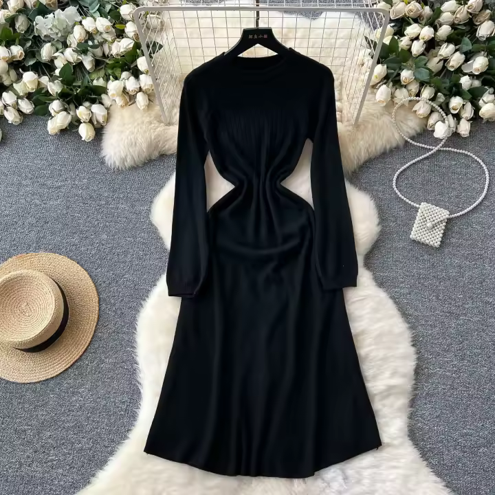 Vestido Rosa Francés De Estilo Simple Para Damas Con Cuello En V Manga Larga Sólido Suave Ajustado Casual De Otoño Vestido Largo De Hogar - 1