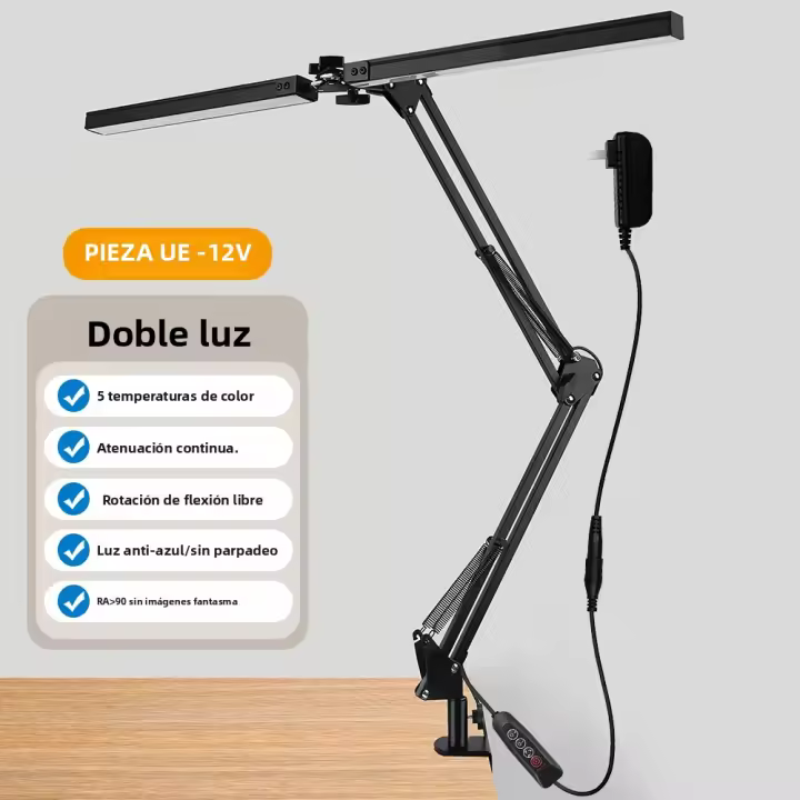 Lámpara De Escritorio LED Doble Cabezal Regulable Sin Pasos Para Lectura Y Estudio En Oficina Con Luz USB Y Monitor Iluminación Contemporánea ABS Certificación Ce ROHS - 1