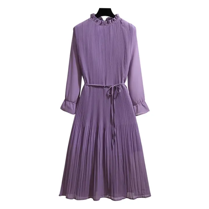 Vestido De Mujer Largo Rodilla Elegante En Chiffon Con Cuello Volante Y Cierre De Encaje Purple A-Line Moda Coreana Para Mujeres - 1