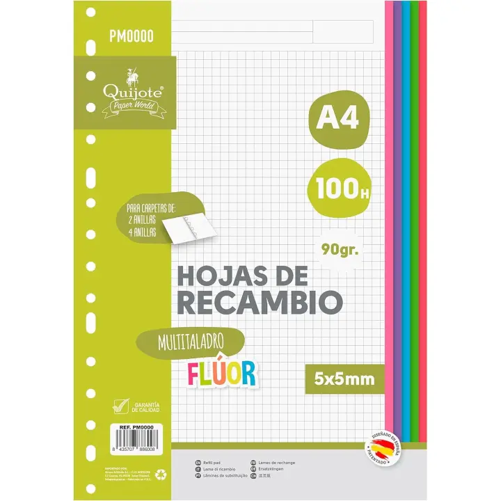 Quijote Paper World - Recambios Cuadriculados A4, 100 Hojas, 90gr/m2 - 1