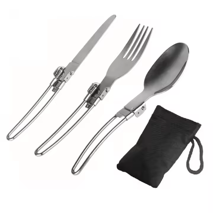Juego de Cubiertos Plegable de Acero Inoxidable 3 Piezas de Cuchillo, Garfón, Cuchara para Acampar, Viajar, Senderismo Accesorios de Barbacoa al Aire Libre - 1