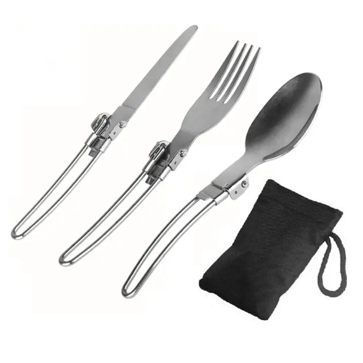 Juego de Cubiertos Plegable de Acero Inoxidable 3 Piezas de Cuchillo, Garfón, Cuchara para Acampar, Viajar, Senderismo Accesorios de Barbacoa al Aire Libre - 1