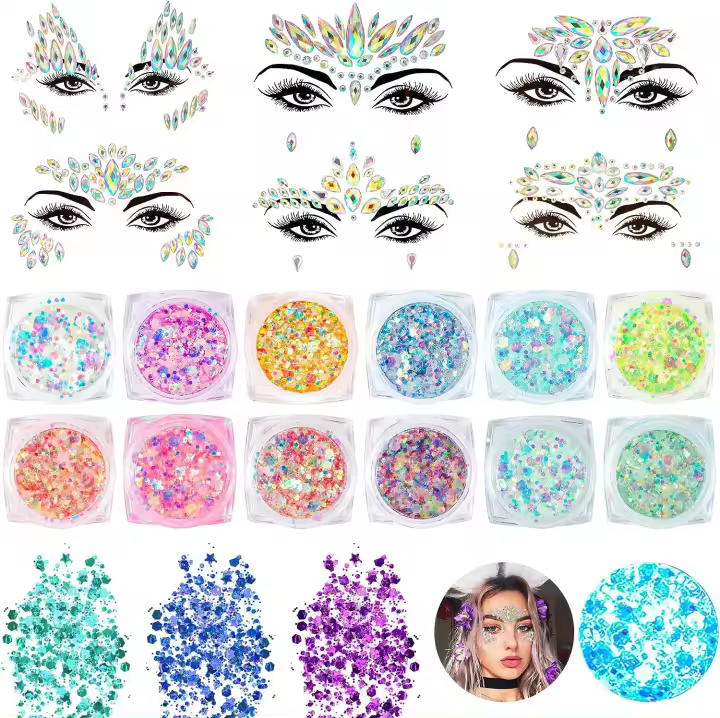 O'woda-Juego de 12 Colores Brillantes para la Cara, conjunto Combinado de Lentejuelas y Brillos Corporales, Purpurina Dec - 1