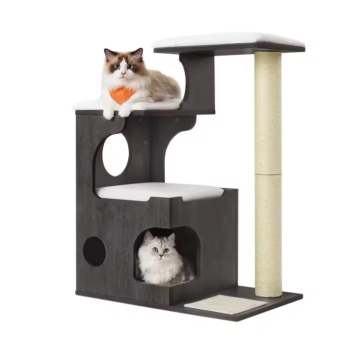 Rascador para gatos vintage de 88 cm con cueva y 3 camas, árbol de mdf con chapa de madera, poste de sisal y piel de imitación lavable - 1