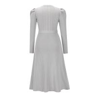 Vestido Casual Diario Para Mujer Con Mangas Burbuja Cintura Alta Ajustada Y Volante Medio Largo De Tejido Knit Moda Avanzada Y Única - details 30